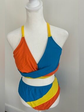 Colorblock Halter Bikini Top & High Waist Bottoms - Blue, Orange, Yellow. large